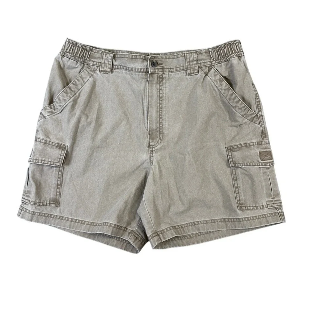 LL Bean Mens Cargo Shorts Khaki Tan Cotton Canvas Elastic Waist 35 224994